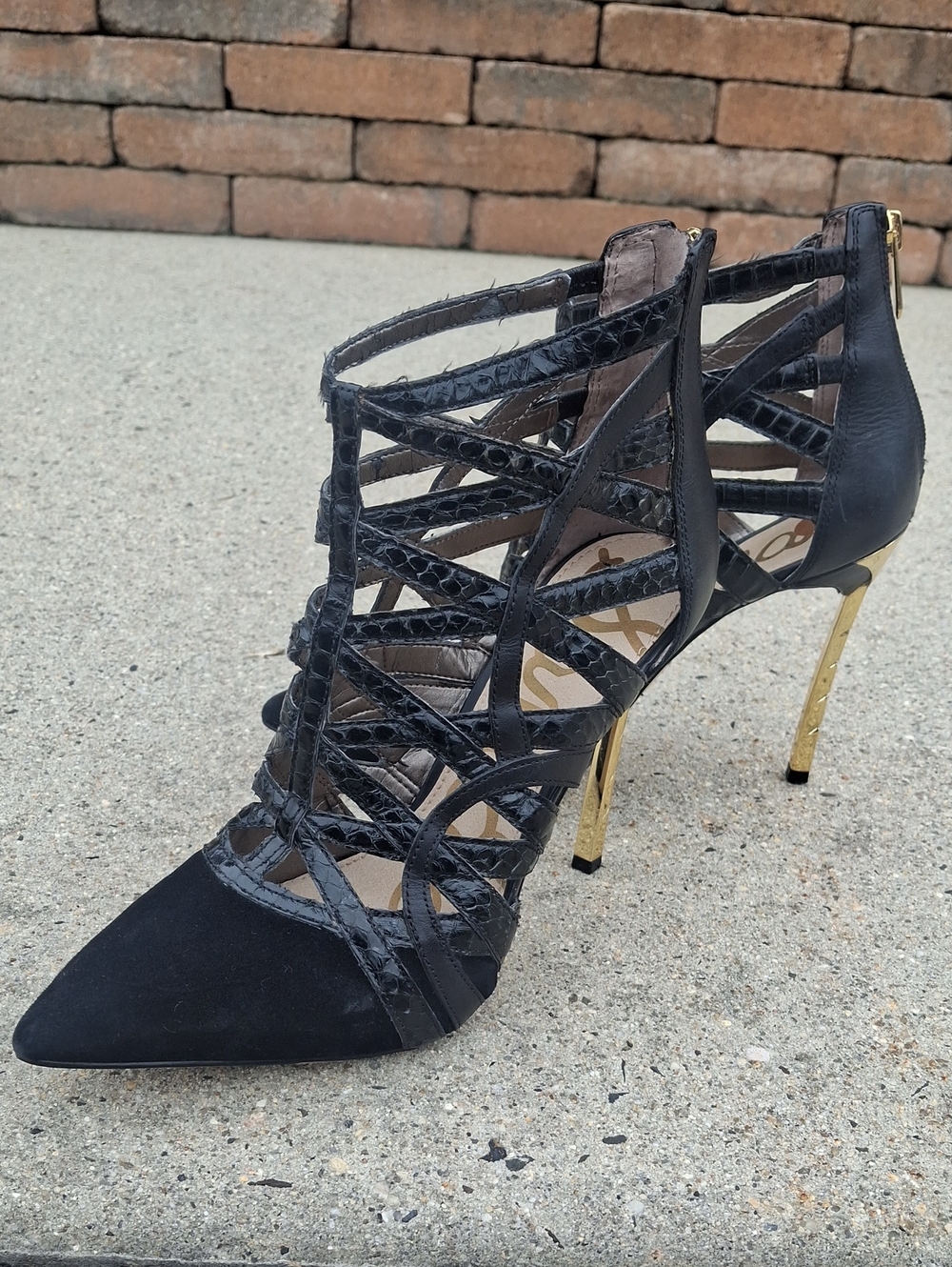 Sam Edelman Black Strappy Pointed-Toe Heels with Gold Stiletto - Women